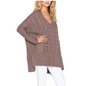 Free People Easy Cable Knit Deep V-neck knit sweater tunic in Mushroom Size L